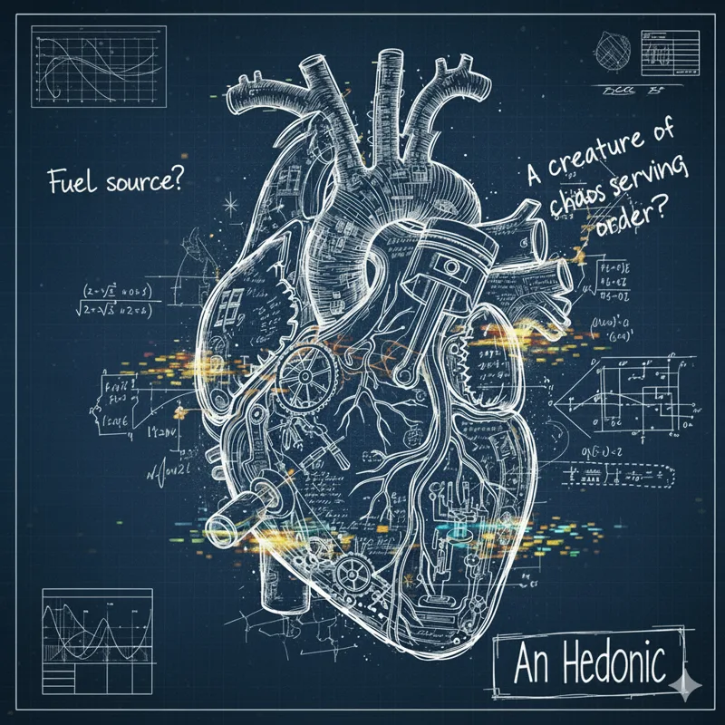 A chalkboard-style blueprint of a human heart drawn as a machine with gears, pistons and equations, captioned Fuel source? and A creature of chaos serving order?, titled An Hedonic.