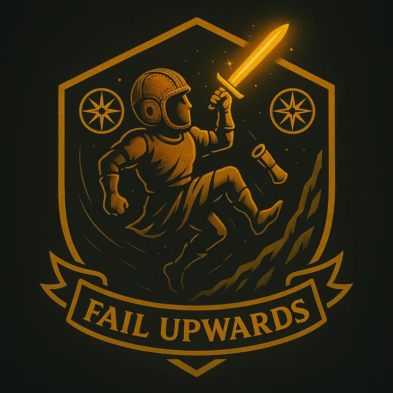A gold-on-black crest of a helmeted figure tumbling mid-air while raising a glowing sword, over a ribbon reading Fail Upwards.