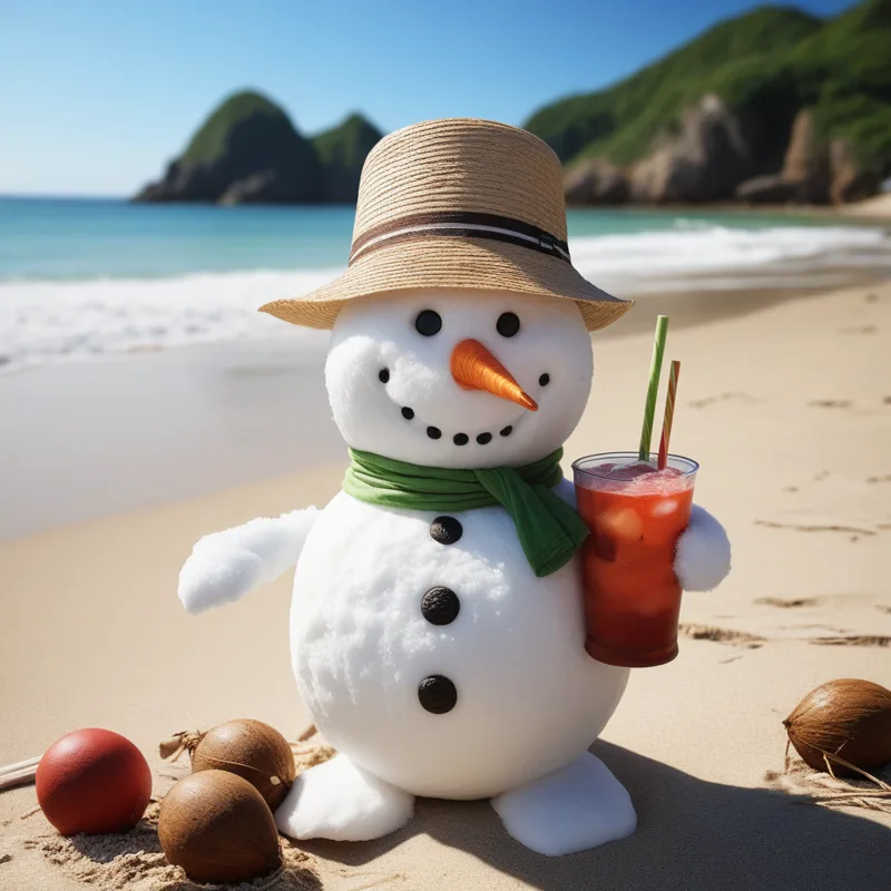 A snowman in a straw hat and green scarf holds a red iced drink on a sunny beach, coconuts at its feet.