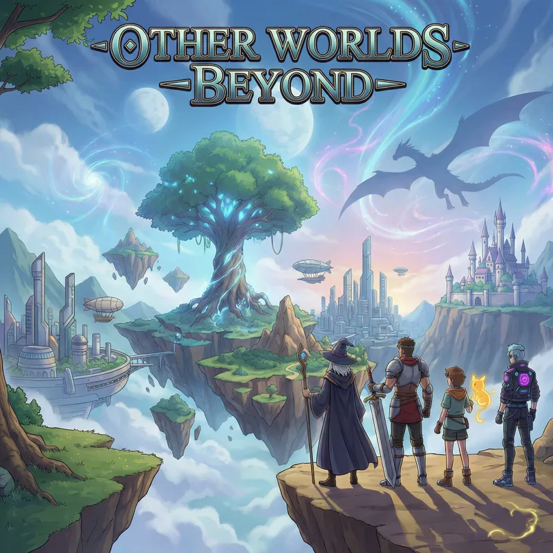 Four adventurers — a wizard, a knight, a kid with a fire spirit and a cyberpunk — look out from a cliff over floating islands, a glowing world-tree, airships, a castle and a dragon, under the title Other Worlds Beyond.