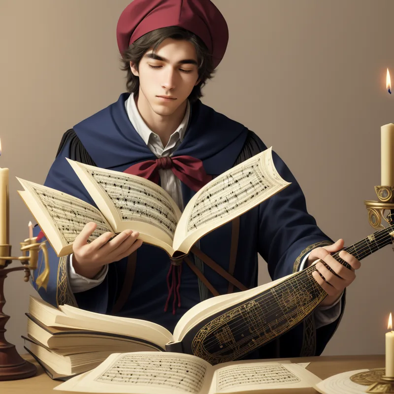 A young bard in a red beret and blue cloak reads from a book of sheet music by candlelight, a lute at his side.
