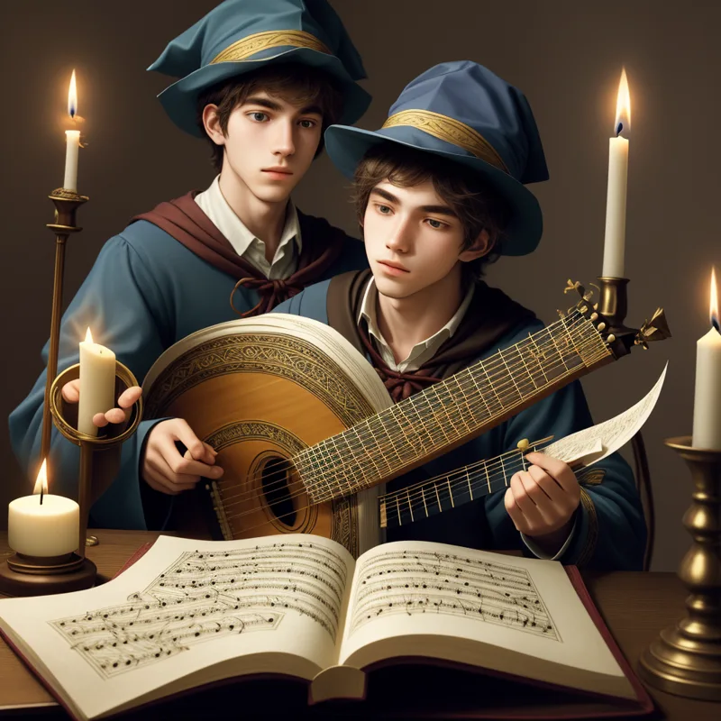 Two young bards in blue hats by candlelight, one playing a lute, an open book of sheet music on the table.