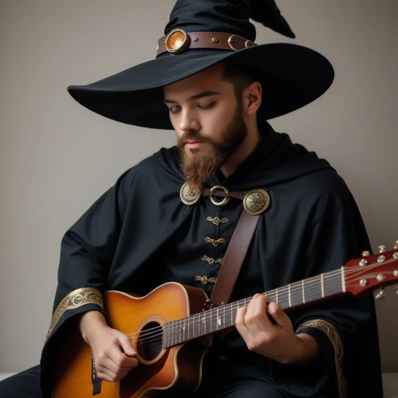 A bearded man in a black wizard's hat and cloak, eyes lowered, playing an acoustic guitar.