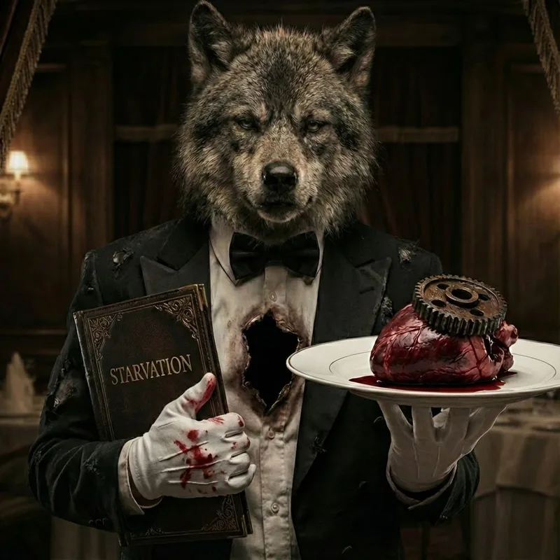 A wolf in a torn tuxedo and bloodied white gloves, a hole burned through its chest, holds a book titled Starvation and a plate serving a heart with a rusty gear on it.
