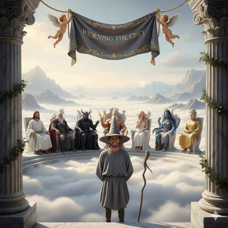 A smiling wizard in grey robes stands on clouds before a row of seated gods and figures from many faiths, cherubs holding a banner reading Widening the Grey overhead.